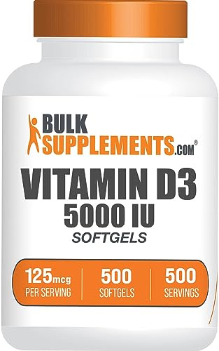 BulkSupplements.com Vitamin D3 5000IU Softgels - Cholecalciferol, D3 Supplement, Vitamin D 5000 IU - 1 Vitamin D3 Softgel (125mcg of Vitamin D) per Serving, 500 Count (Pack of 1)