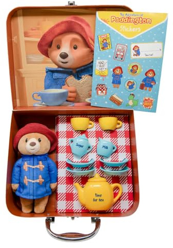 Rainbow Designs Paddington Bear's Toy Tea Set - 9-Piece Children's Tea Set with Teapot, Cups, Saucers & Sugar Pot - Features Cuddling Soft Toy, Reusable Suitcase & Sticker Sheet