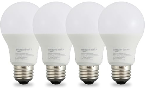 Amazon Basics Smart A19 LED Light Bulb, Dimmable Soft White (2700K), 9W (60W Equivalent), 800LM, Energy Efficient, Works with Alexa Only, 2.4 GHz Wi-Fi, No Hub Required, 4-Pack