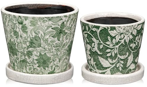 Oairse Set of 2 Green and White Ceramic Planter12CM 10CM Ceramic Plant Pots Indoor with Drainage Holes and Saucers Tray Decorative Flower Pots Garden Pot for Succulent Cactus House Plants