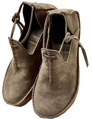 ORANDESIGNE Chaussures à Fond Plat en Cuir PU Médiéval Bottes de Sorcière Renaissance avec Talon Bas Steampunk Retro Casual Leather Boots Chaussures en Cuir à Tête Ronde pour Femmes