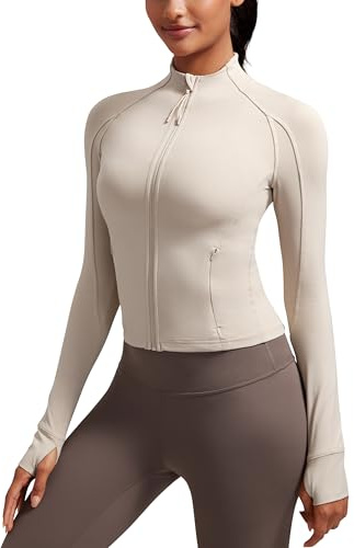 CRZ YOGA Butterluxe Waist Length Jackets for Women - Full Zip Athletic Track Tops with Thumb Holes Pockets Mojave Tan Small