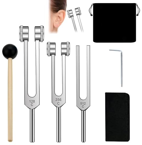 SKIKHN Juego de Diapasones, Diapasón de aleación de Aluminio 128Hz, 256Hz, 512Hz, Juego de Martillo de Horquilla de Afinación con un Martillo de Silicona, para Curación Médica y de Chakras