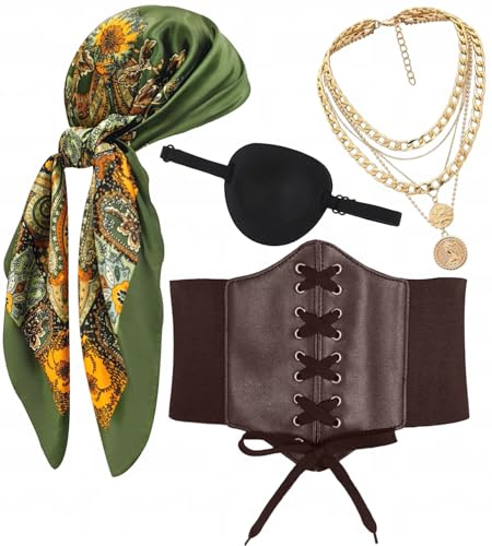 kasahara Costume de Pirate Médiéval Femme avec Corset, Bandana, Ceinture, Cache-œil inclus, Déguisement pour Halloween, Carnaval, Soirée à thème et Cosplay (Green, Fit Waist 74cm-90cm)