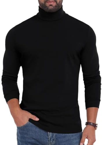 PrinStory Långärmad tröja för män, rund hals, långärmad polotröja, topp, varm, mock turtleneck stickad tröja, svart, XXL