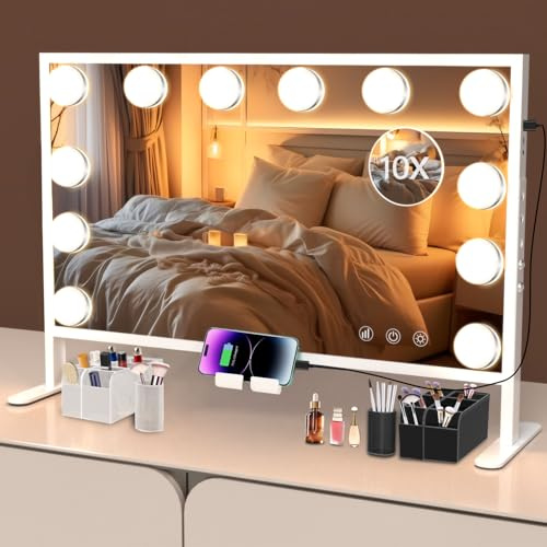BESTOPE PRO höjdjusterbar Hollywood sminkspegel med mobiltelefonhållare 60 x 35 cm, 15 LED-lampor touch-dimbar badrumsspegel, 3 färglägen bordsspegel, väggspegel med 10 x förstoring, vit