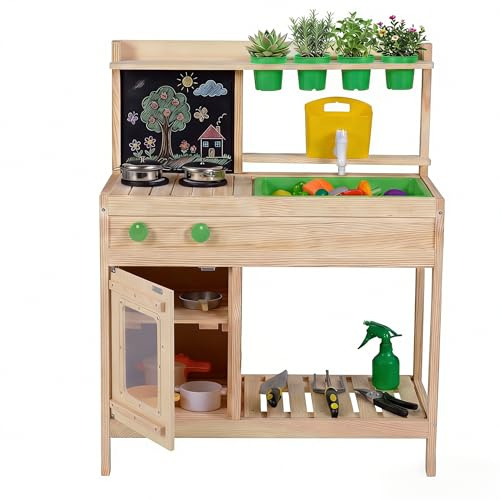 DREAMADE Cuisine d'Extérieur Enfants, Cuisine de Boue en Bois avec Tableau Noir, Réservoir d'eau, Évier Amovible, Pots de Fleurs et Cuisinière, pour Tout-Petits de 3+ Ans