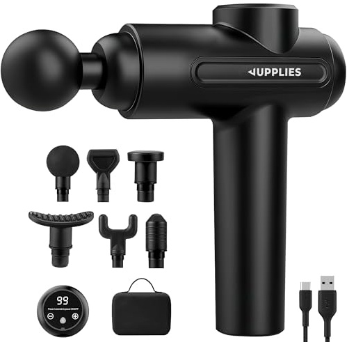 JUPPLIES Pistola de Masaje Muscular con 30 Velocidades, 6 Cabezales, Silenciosa, 5H Autonomía, Pantalla Táctil LCD, Estuche y Carga USB-C para Cervical y Espalda Profesional