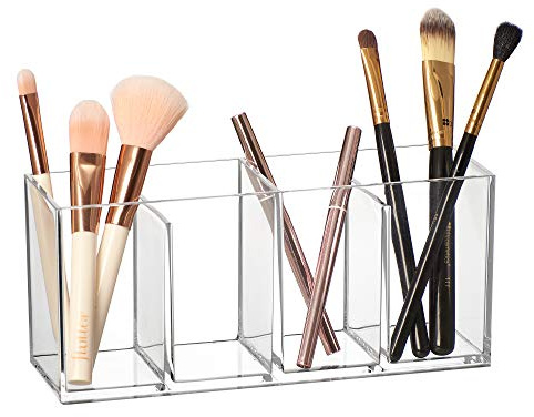 Amazing Abby - Glamour - Acrylic 4-Compartment Makeup Organizer, Transparent Plastic Makeup Brush Holder, Perfect Bathroom Vanity Storage Solution for Makeup Brushes, Eyebrow Pencils, and More