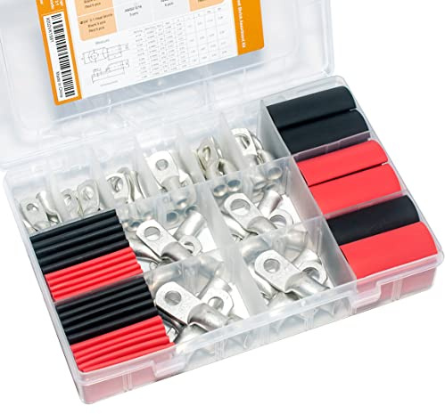 RockDIG 100PCS Tinned Copper Wire Lugs AWG 8 6 4 2 Gauge with Heat Shrink Tube Assortment Kit Heavy Duty Closed End Electrical Wire Cable Battery Terminal Crimp Connectors