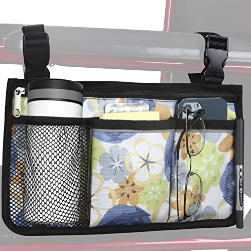 HSGEZUOQI Wheelchair Side Bag, Upgrade Flower Color Armrest Storage Pouch with Cup Holder and Reflective Strip Use of Waterproof Fabric, for Most Wheelchairs, Walkers or Rollators (Blue Rose)