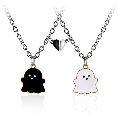 Caiyao 2Pcs Lovely Magnetic Love Heart Ghost Pendant Necklace Set for Women Men Friend Enamel Mutual Attract Magnet Couple Matching Necklace Halloween Jewelry Birthday Gift-A black white