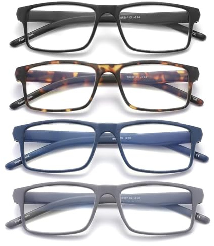 JAWSOCK 4 Pack Reading Glasses Blue Light Blocking for Men Women,Rectangular Frame Computer Readers with Spring Hinge,Reading Glasses for Men Women，Anti Eyestrain/UV Ray Eyeglasses (1.25x)