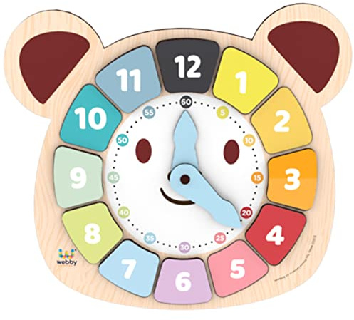 Webby Montessori Holzuhr für Kinder | Lernuhr Holz & Formen Sortieren Spielzeug | Uhrzeit Lernen, Farben & Kognitive Fähigkeiten fördern | Pädagogisches Lernspielzeug ab 3 Jahren