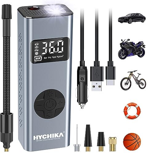 HYCHIKA Mini Compresseur à Air Portatif, 12V 6000mAh Gonfleur Pneus Voiture Gonfleur Electrique Pompe a Velo 150PSI avec Écran LCD + Lampe LED, 4 Modes pour Voiture, Velo, Moto, Balle