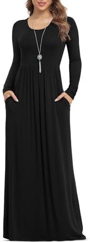 Anelune Dresses for Women Long Sleeve Loose Plain Plus Size Maxi Dresses Casual Long Dresses with Pockets Black Large