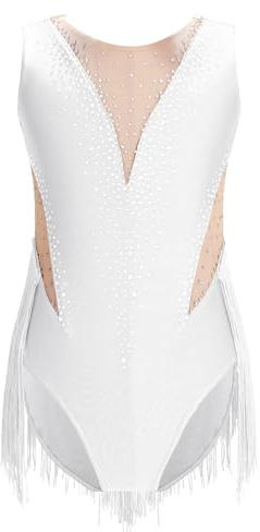 ranrann Barn, flicka, trikå, gymnastik, ärmlös, strass, overall, gym, bodysuit, dans, skridskoåkning, hoppdräkt, show, 3–14 år, Typ C vit, 9-10 �r