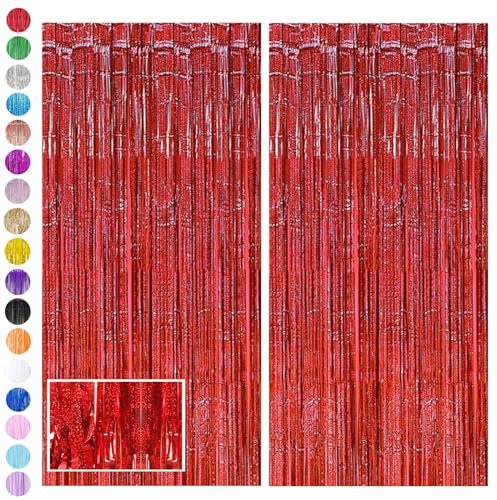 Red Tinsel Curtain Party Backdrop Glitter,2pcs 3.2ft x 6.5ft Foil Curtain Christmas Decorations,Red Laser Foil Fringe Streamers Metallic Tinsel Door Hanging Foil Flow Silk Streamers for Holiday Party