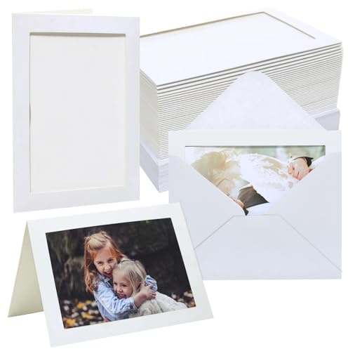 Meonua Photo Frame Cards 4x6 with Envelopes,Blank Photo Card Holder and Envelopes,Paper Picture Frame for Chirstmas, Wedding, Birthday,Graduation (White, 50 Pack)