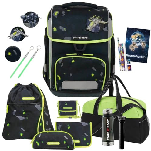 Generisch Schneiders Ergolite Schulranzen-Set für Jungen (14 TLG. mit Sporttasche und Brustbeutel, Outer Space)