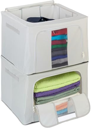 Relaxdays Bolsas de Almacenaje Ropa, Set de 2, Cajas Almacenamiento Tela, Plegables, Cremallera, 33 x 50 x 40 cm, Gris