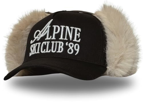 Vintage Fashion Trucker Hat | Men & Women | Embroidered Western Trendy Baseball Caps | Country Cute Retro Hats for Cowgirls & Cowboys | Camo Fur Cotton | Snapback Hat (Alpine Ski Club | Black + Fur)