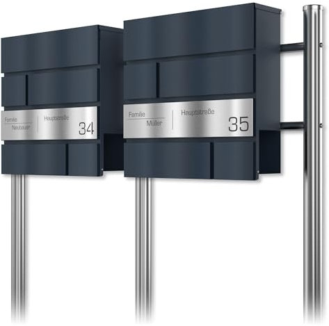 Graviers Design Cassetta postale doppia con supporto - acciaio inox personalizzazione nome via numero civico - Antracite RAL 7016 Cassetta postale con serratura Design 2