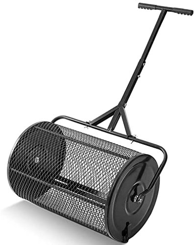 Máquina sembradora manual para esparcir abono, esparcidor de malla metálica de 24 pulgadas con mango largo ajustable, esparcidor de turba para césped y jardín, para abono superficial, tierra, manti