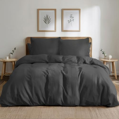 Dreamzie Funda Nordica Cama 180/200 de Algodon Percal – Gris Oscuro – Ropa de Cama 200x220, 1 Funda Nórdica + 2 Fundas de Almohada 80x80 – 3 Piezas