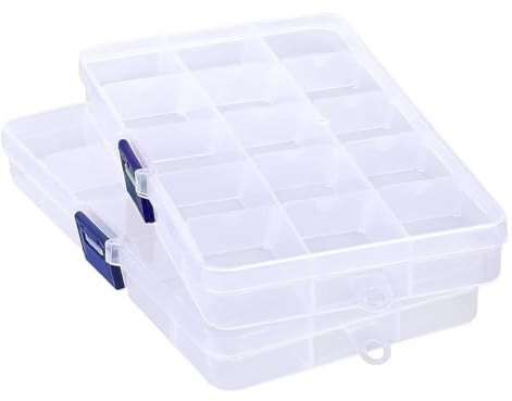 Doukesh 2 Pcs Bead Storage Box, 15 Grids Bead Storage Box with Compartments, Plastic Transparent Organiser Boxes for Jewelry, Beads, DIY Diamond,Small Parts and Crafts Accessories