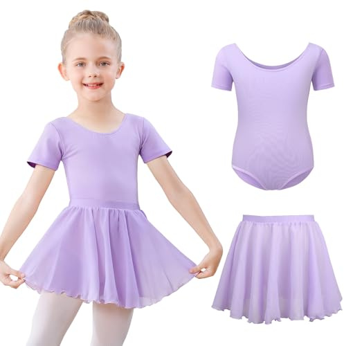 Kefiyis Ballet Leotard for Girls Short Sleeved Ballet Dress Outfit Cotton Dance Leotard with Removable Chiffon Skirt Ballerina Dress for 3-11 Years Purple 120