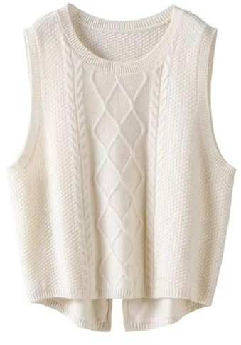 Gilet da donna in lana merino, con scollo rotondo, intrecciato, per autunno e inverno, senza maniche, casual, per il tempo libero