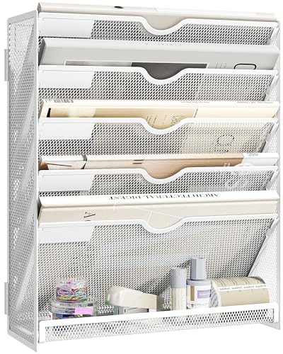 VITVITI Organizador de Pared para Documentos A4, 6 Compartimentos, Revistero de Metal en Malla, Soporte de Revistas y Archivador Vertical para Oficina, Correo y Papelería, Blanco
