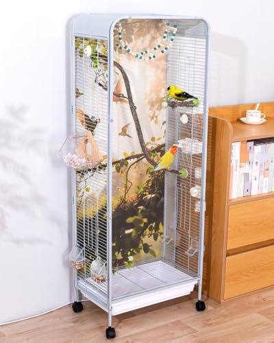 Tall Parrot Cage with Decorative Backboard, Movable Large Bird Cage with Wheels, Modern Aviary for Parakeets, Cockatiels, Lovebirds(Light Gray)