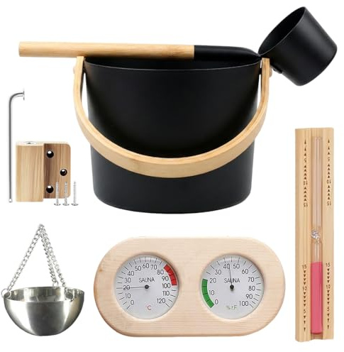 Large 7 Litre Aluminum Sauna Bucket Set with Ladle, Essential Oil Diffuser Bowl, sand clock& Thermometer/Hygrometer Kit - Steam Room Accessories for Hydrotherapy, Home Spa and Wellness Retreats