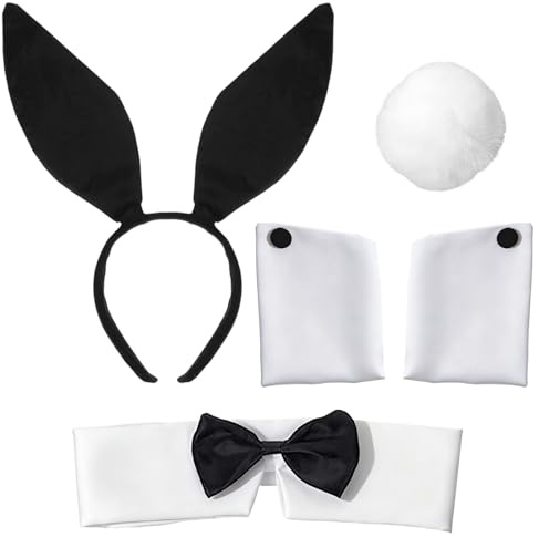 KBSICWO Costume de Lapin Set, Oreilles de Lapin, Collier Nœud Papillon, Manchettes et Queue, Costume Accessoires pour Adultes et Enfants Noël Pâques Cosplay Fetes Halloween
