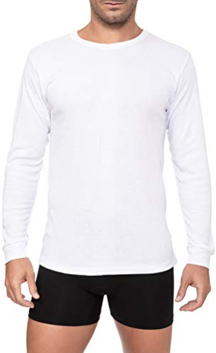 Camiseta Interior Térmica Algodón Manga Larga Hombre Cuello Redondo Colores Lisos (Blanco, M)
