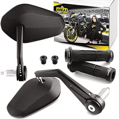 Area1 Styling Set - Motorrad Lenkerenden Spiegel Set e-geprüft + Gewindeabdeckung + Lenkergriffe. Kompatibel mit LS1S4