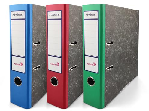 Netuno 3 Raccoglitori a Leva A4 Ekobox Dorso 7,5 cm blu rosso verde 2 Anelli Cartone Riciclato Marmorizzato Registratori Ecologici per Ufficio scuola Archiviazione Documenti Senza Custodia