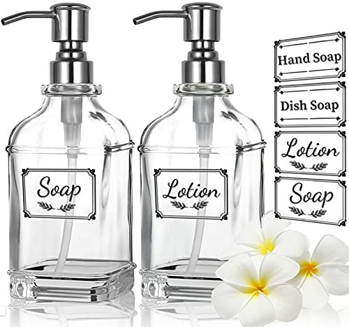 Versatile Glass Soap Dispenser Bottle with Pump, 12 Oz Dripless Stainless Steel Pump Bottle, Refillable Liquid Hand Jar Dispenser for Bathroom, Countertop, Kitchen with 8 Waterproof Labels -2 Pack