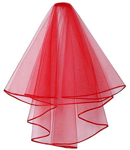 Wedding Bridal Veils, Women Simple Tulle Cathedral Veils for Bachelorette Party and Wedding Hen Party W-V-1 (Short - Red - 2 Tier 31.4/ 80cm)