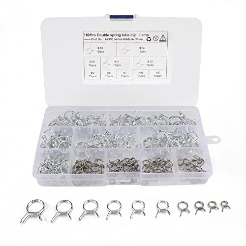 150 Pièces Colliers de Serrage à Ressort Double Fil 10 Tailles Kit de Pince Ligne de Carburant Clips de Tuyau de Conduite de Carburant pour Tuyau D'eau Tube D'air 5mm-14mm