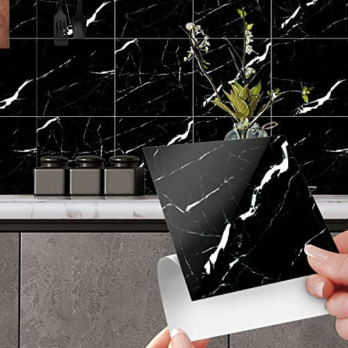 HLWDXno1 Black Marble Tile Stickers for Bathroom and Kitchen - Waterproof Vinyl Self Adhesive Wall Tiles - 20x20cm (12pcs)