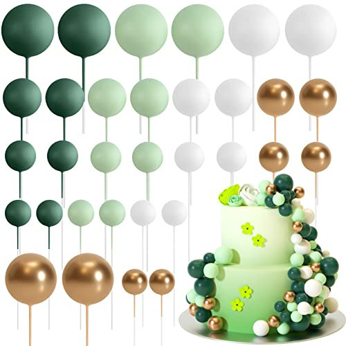 Astaron 32 Pcs Ball Cake Topper Decorations Mini Balloons Cake Topper Sticks Foam Balls Cake Picks Cake Topper Balls Cake Decorations for Wedding Party Birthday Cake Decorating (Green Gold)