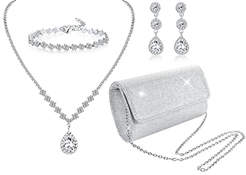 JeryWe 4Pcs Sliver Clutch Purse Jewelry Set for Women Evening Rhinestone Purse Crystal Necklace Earrings Bracelets Set Silver Accessories for Women Bride Wedding Jewellery (Teardrop)