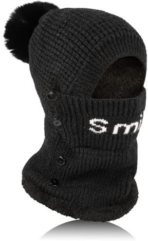 TAGVO Winter Warm Strickmütze Halswärmer-Sets, Damen Wintermütze Flexible Strickmütze mit Haarball, Balaclava Sturmhaube Weiches, Winddichte Mütze Kälteschutz Skimütze, Verstellbare Gesichtsmaske