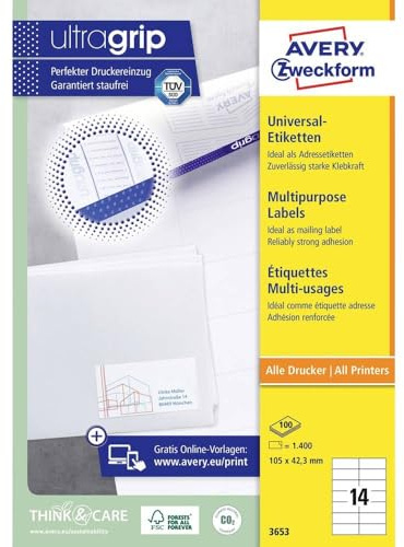 AVERY Zweckform 6136 Adressaufkleber (350 plus 70 Klebeetiketten extra, 105x42,3mm auf A4, Papier matt, bedruckbare Absenderetiketten, selbstklebende Adressetiketten mit ultragrip) 30 Blatt, weiß