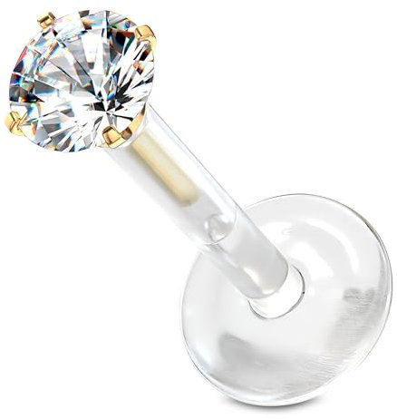 Stachelkleid Labret Chirurgenstahl 316l Bioflex Piercing Zirkonia Push In Allergie Flexibel Biegbar Rund Base Flach Bites Ohrstecker Helix Tragus Kunststoff Plastik 1,2mm Gold/Kristall, 8 mm, 3 mm
