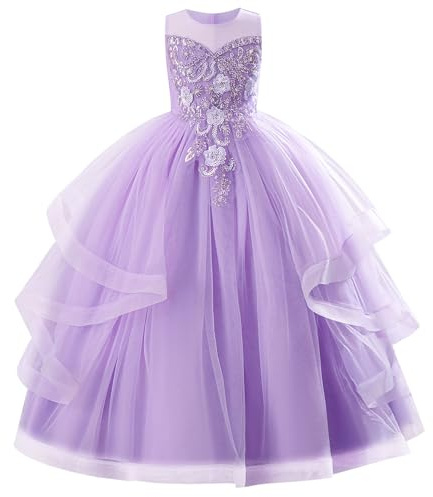 IMEKIS Vestido de niña con flores para boda, fiesta, princesa sin mangas con moño, volantes, tul, elegante, para cumpleaños, comunión, ceremonia, vestido de baile, morado, 11-12 años