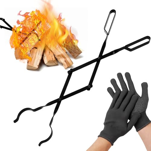 GOEDCH Pinze Legna Ardere Impieghi Gravosi: Antiscottatura Pinze Legna Ardere Viene Fornito con Guanti Antiscivolo in Nylon, Pinze Camino per Bruciatori a Legna Falò, 26 x 2,5 x 2,5 Pollici, Neri